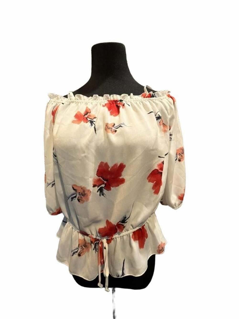 744 Bcx Floral Off Shoulder Top Size M White Red Blouse